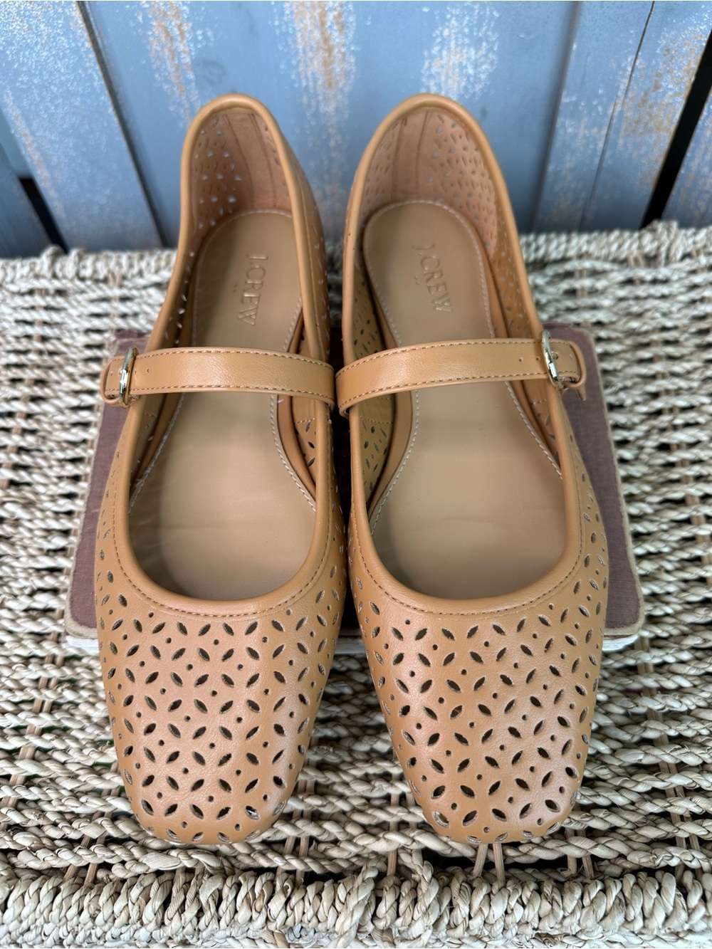 J. Crew Perforated Mary Jane Square Toe Flat Burnt Caramel Sz 9.5 NWOB - Picture 2 of 14